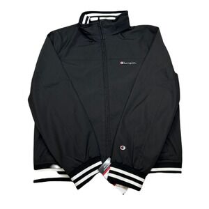 Champion‎ Bomber Jacket Mens Medium Black Full Zip Windbreaker Striped Cuffs NEW